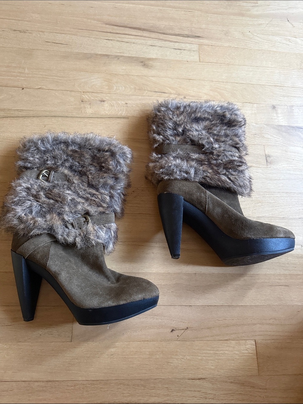 Nine West Brown Suede Faux Fur Cuff High-Heel Ankle Boots